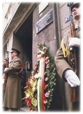 The soldiers forming the guard of honour laid a wreath